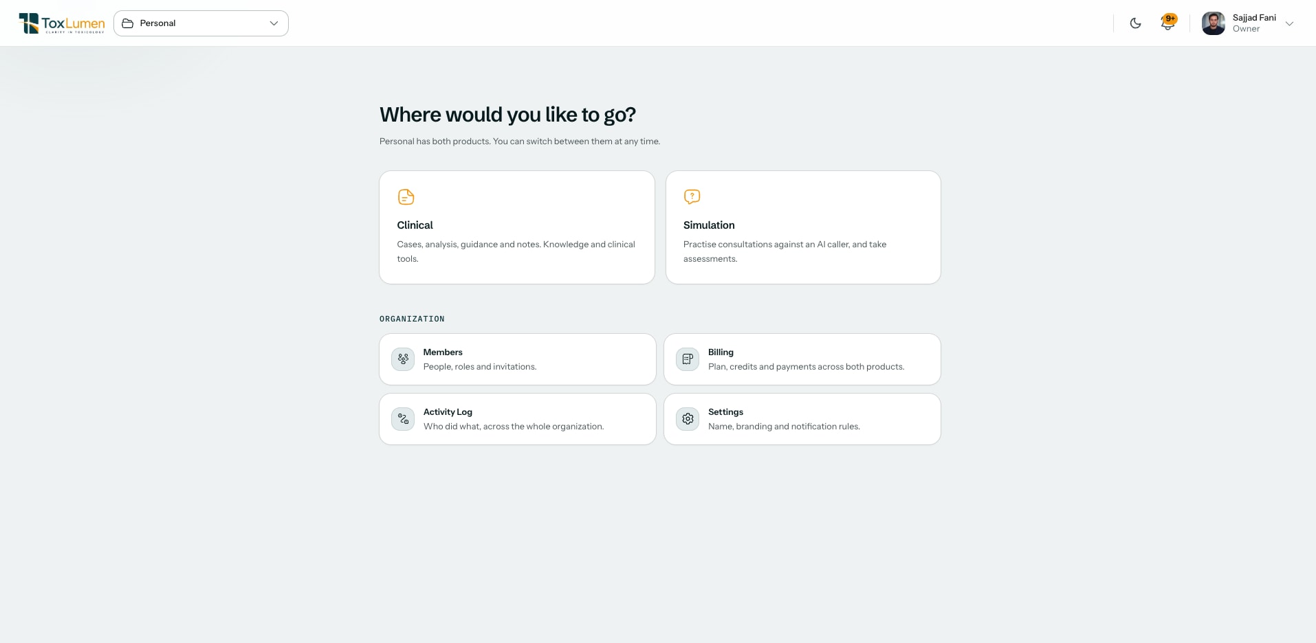 ToxLumen production application showing the organization home with Clinical and Simulation product cards and Members, Billing, Activity Log and Settings.